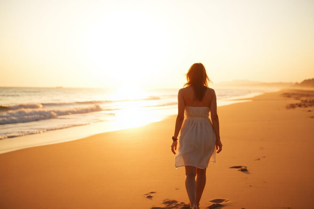 Mulher caminhando na praia ao pôr do sol